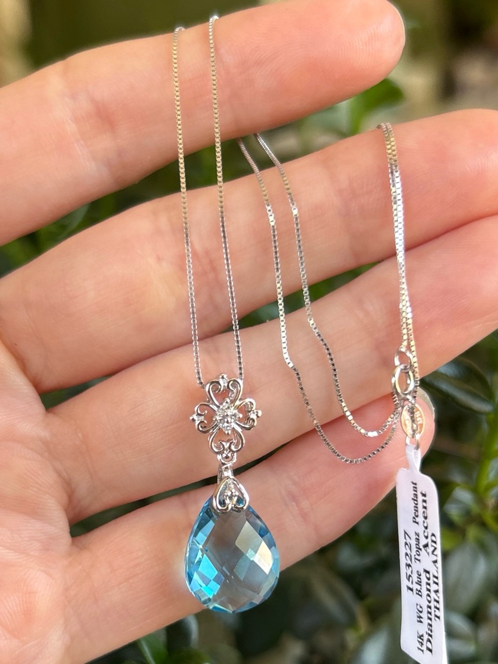 14K SOLID WHITE GOLD Box Chain Necklace with Genuine Blue Topaz Pendant